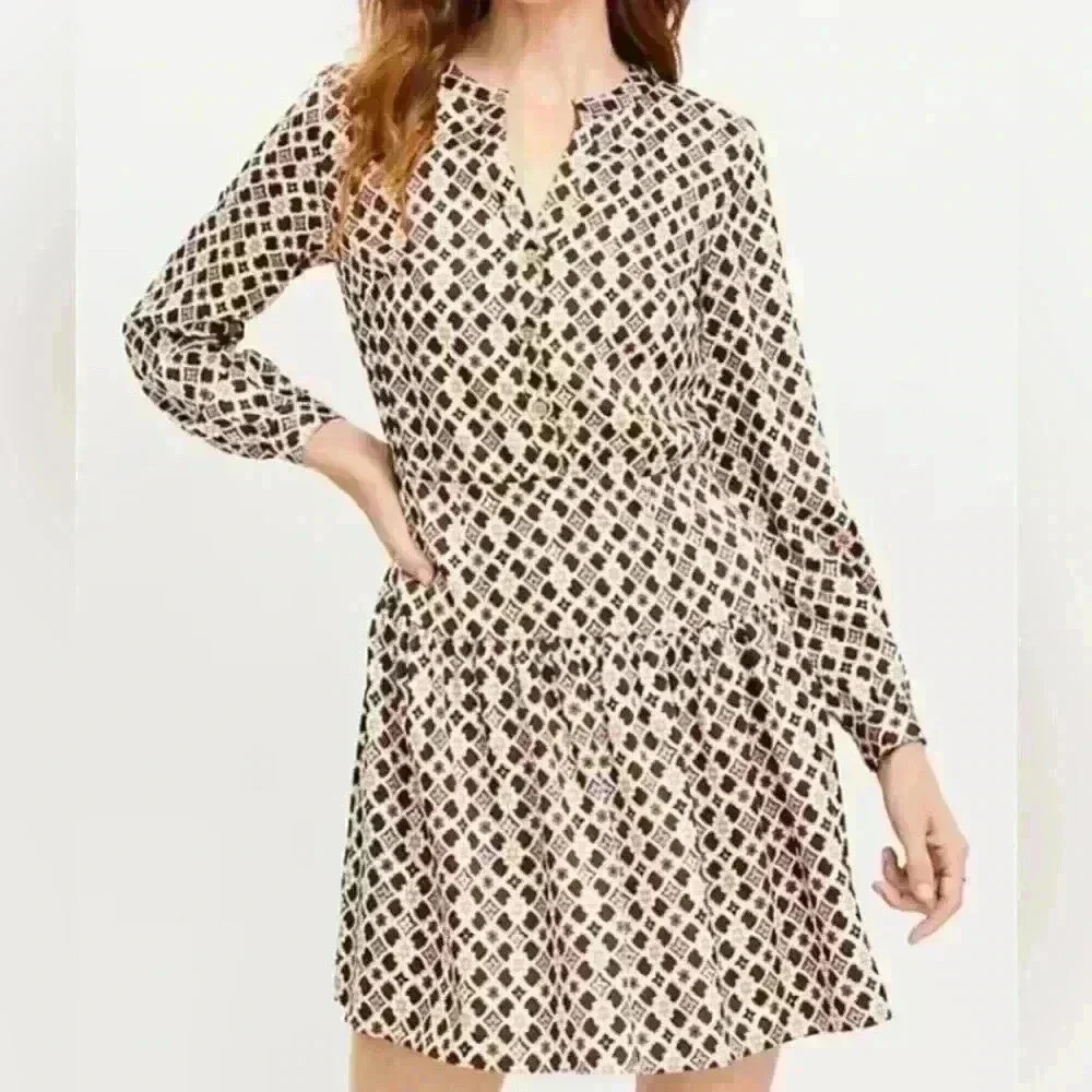 Loft By Ann Taylor Geometric Floral Long Sleeve Mini Dress Brown Pink Retro